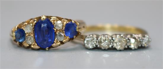 1 x 15ct sapphire ring and 1 x 18ct gold 5-stone ring